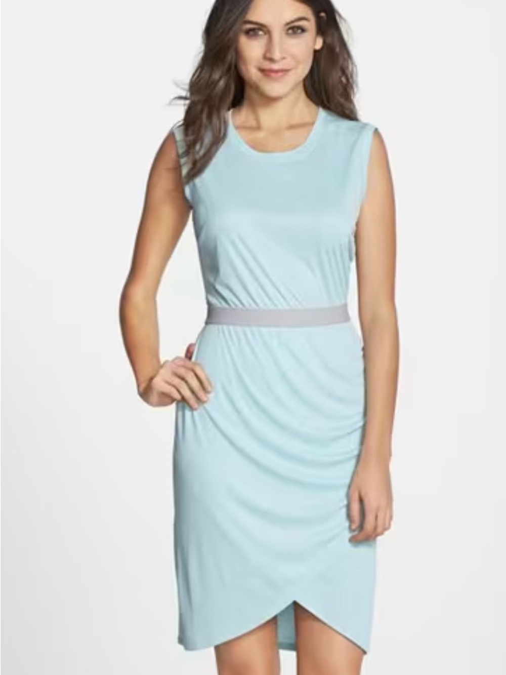 BCBGMaxAzria Light Blue Sleeveless Sheath Dress with Contrast Waistband - Picture 1 of 16